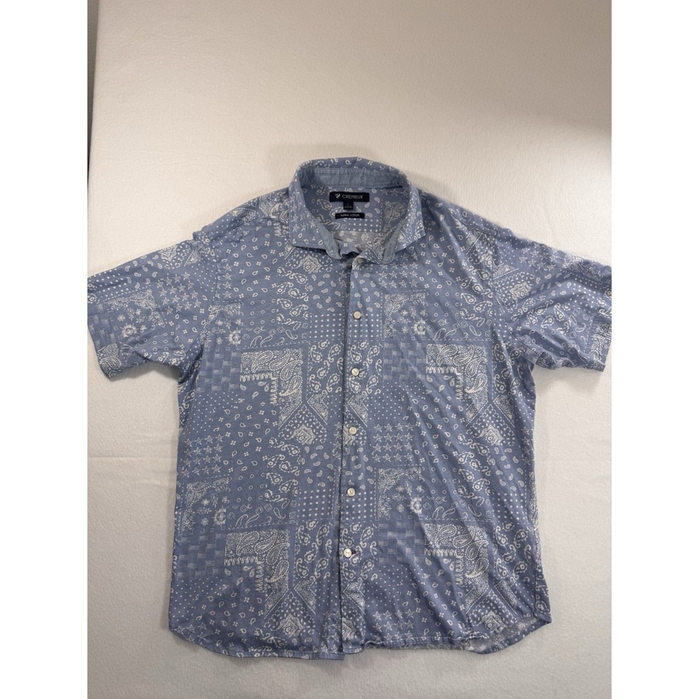 Cremieux Mens Large Baby Blue Paisley Button Up Supima Cotton Short Sleeve